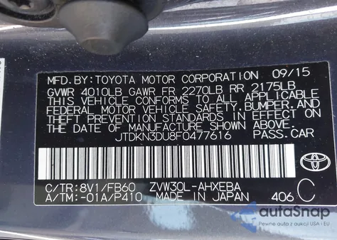 2015 Toyota Prius Two из США, поврежденный, VIN JTDKN3DU8F0477616